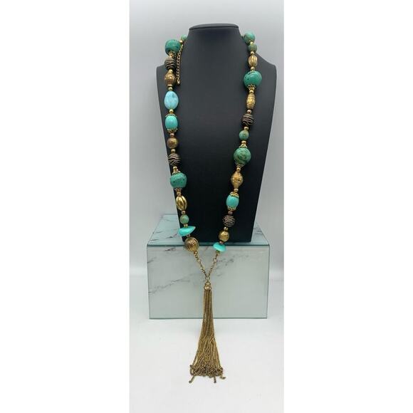 Daisy Fuentes Chunky Necklace Gold Tone Tassel Acrylic Turquoise Colored Beads - Picture 2 of 5